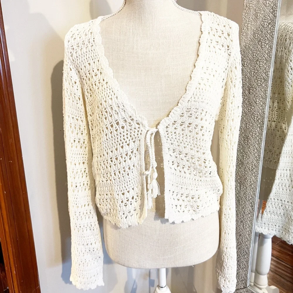 L*Space Golden Hour Cover Up Crochet Top Cream Boho Beach Pool Bell Sleeve XL